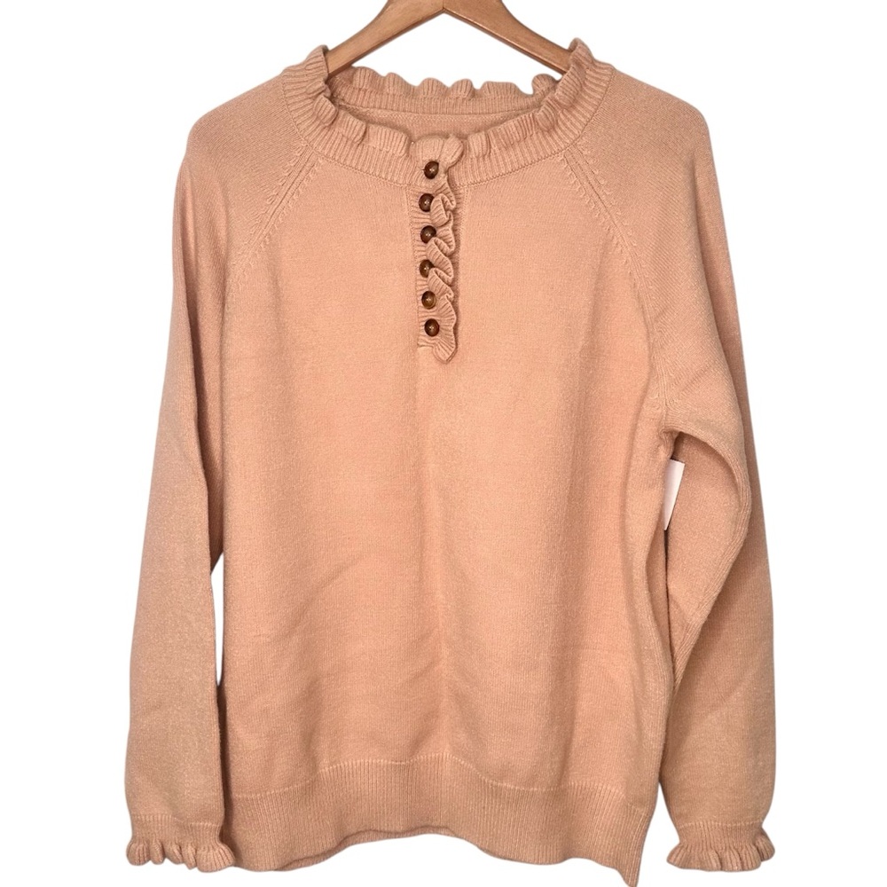 Women’s Beige/Camel Ruffle neck button down sweater Size XXLarge. NWOT